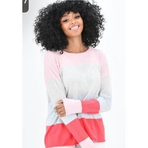 Brodie Cashmere Miss Manhattan Rose Petal Color Block Silk Blend Sweater oversiz